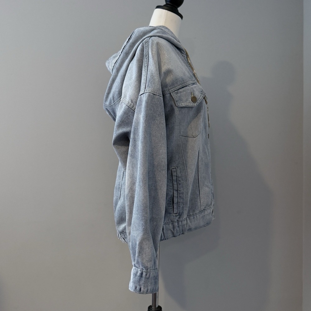 Light Wash Denim Hooded Jean Jacket Women's Large Button Front Casual - Picture 4 of 13